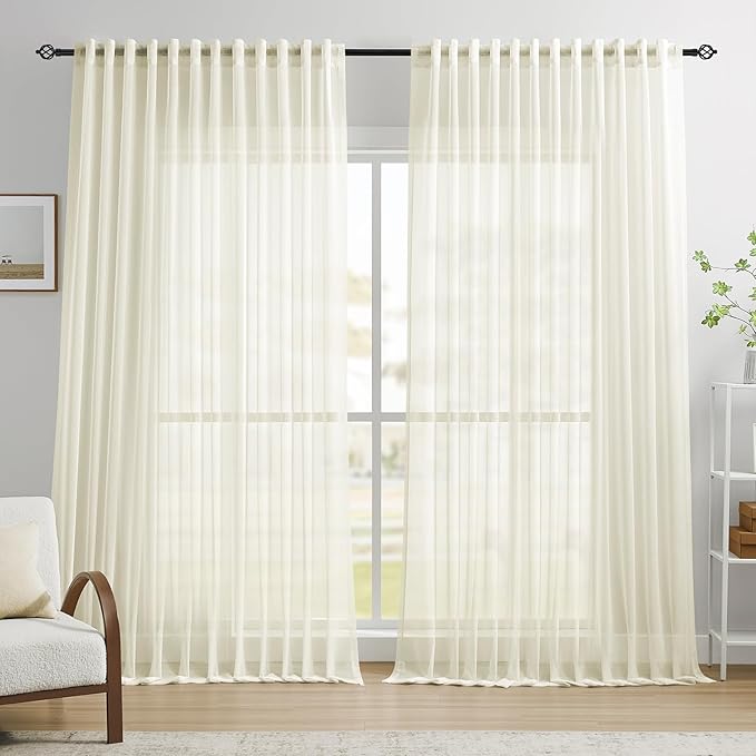 Dreaming Casa Ivory Sheer Curtains 96 Inches Long, Rod Pocket & Back Tab Light Filtering Textured Sheers for Living Room Bedroom, 2 Panels, Each 100" W x 96" L