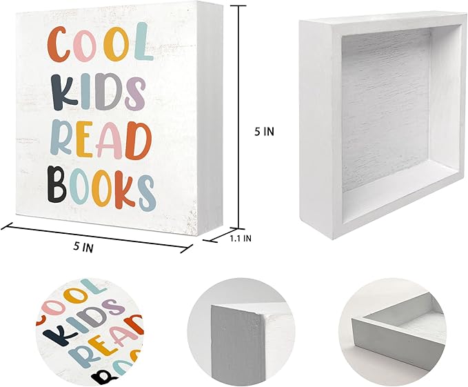 Mtrgdn Cool Kids Read Books Wood Box Sign Desk Decor Rustic Reading Wooden Box Block Sign Decorations for Home Kids Room Reading Room Nursery Classroom Wall Tabletop Desk Decor