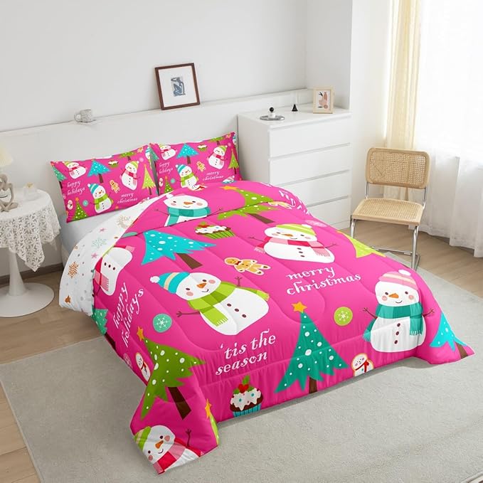 Erosebridal Christmas Kids Comforter Set Cartoon Snowman Quilts for Boys Girls Adults Xmas Tree Bedding Set Cartoon Snowflake Bedroom Decor Duvet Insert Full Size