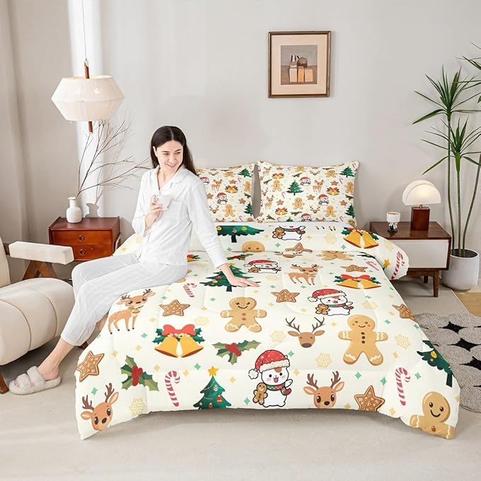 Feelyou Merry Christmas Kids Comforter Set Twin Size Gingerbread Man Bedding Set Cute Deer Duvet Quilt for Kids Boys Girls Bedroom Christmas Tree Decor Microfiber Ultra Soft Breathable
