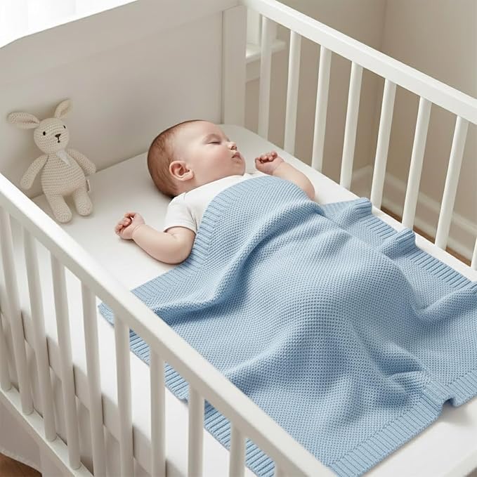 Baby Knit Blanket Soft Cotton Lightweight Newborn Blanket for Crib Stroller Toddler Nursery Shower Gift Cozy Breathable Travel Swaddle Wrap Baby Blue 30 x 40 Inches