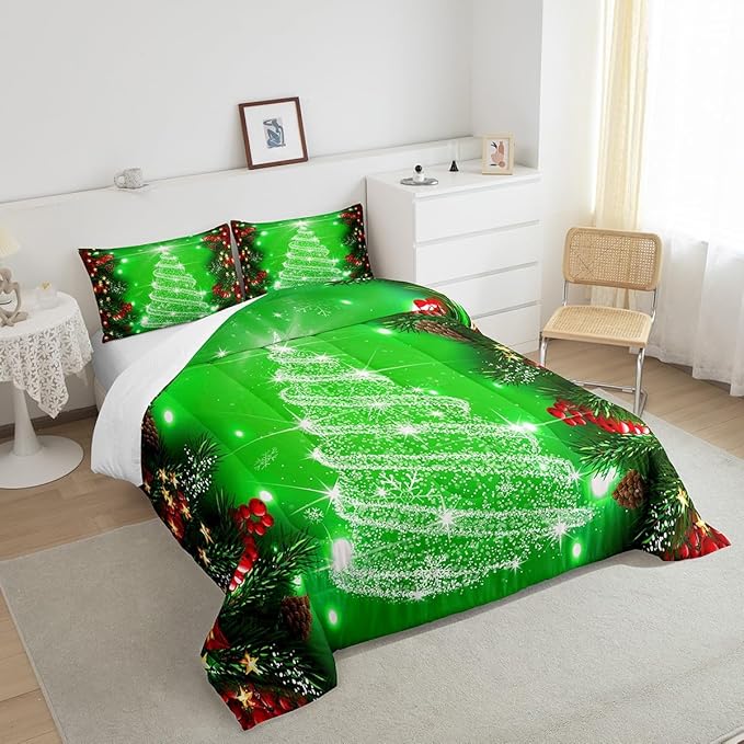 Feelyou Kids Merry Christmas Decorations Comforter Set, Kids Santa Tree Bedding Set Toddler Size for Boys Girls Teens Xmas Christmas Bell Decor Comforter Glitter Green Quilt Set