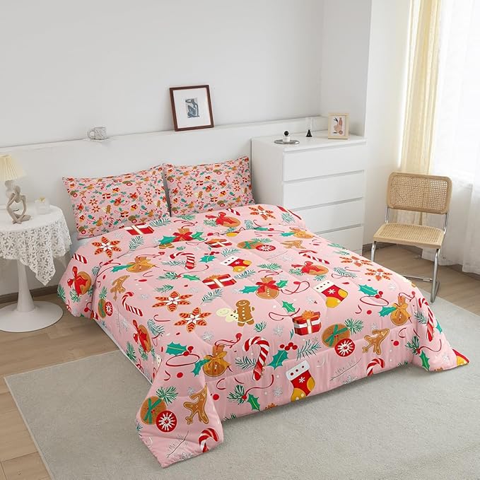 Feelyou Cute Gingerbread Man Bedding Set for Kids Boys Girls Full Size Comforter Set Ultra Soft Winter Christmas Comforter Xmas Duvet Quilt Bedroom Decor Christmas Decor Quilt