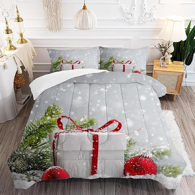 kxry Christmas Snow Scene Twin Size Comforter Set Evergreen Bough Bed Set for Girls Boys Kids Red Balls Bedding Quilt Duvet 1 Comforter + 1 Pillow Case