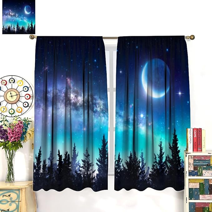 Galaxy Forest Blackout Curtains, Night Starry Sky Stars Moon Aurora Borealis Window Drapes for Bedroom Living Room Home 42" W X 45" L