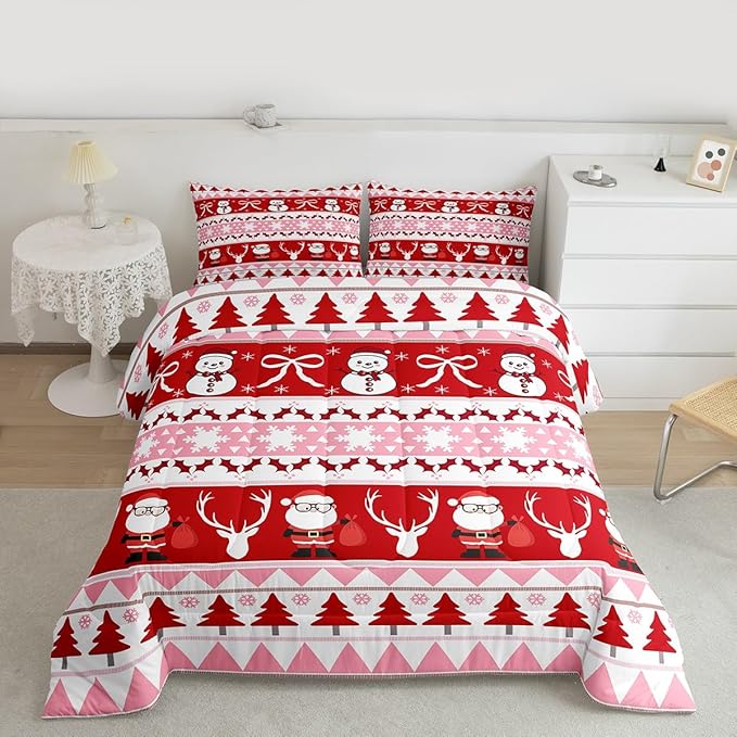Feelyou Merry Christmas Tree Kids Comforter Set Toddler Size Cute Snowman Bedding Set Santa Claus Duvet Quilt for Kids Boys Girls Bedroom Cartoon Bowknot Decor Microfiber Ultra Soft Breathable