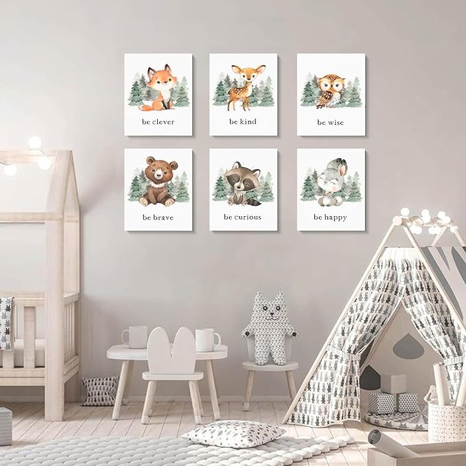 Wodkwq Nursery Wall Art Woodland Animal Canvas Prints Baby Girl Boy Room Decor Cute Poster Pictures Forest Theme Toddler Room Decoration Painting Set of 6 for Kids Bedroom Bathroom 8x10in Unframed