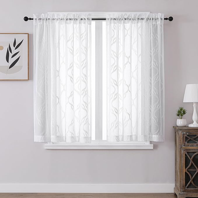 VISIONTEX Sheer Curtains, White Moroccan Embroidery Texture Geometric Rod Pocket White Voile Tulle Semi Window Treatment Pair for Bedroom, W54 x L54