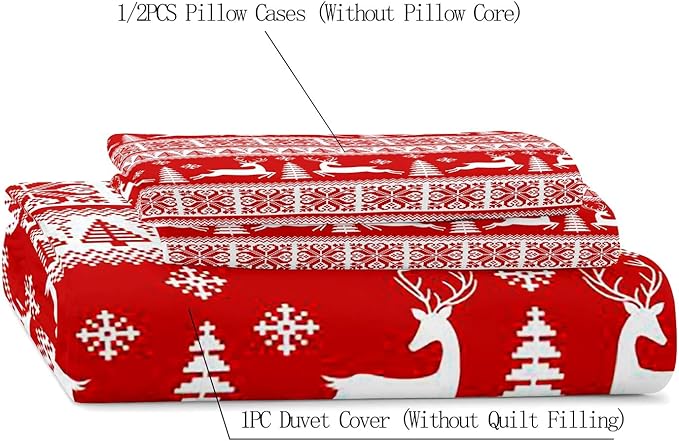 LUVIVIHOME 2PCS Christmas Duvet Cover Twin Bedding Sets, Red Duvet Cover, White Reindeer Snowflake Christmas Tree Winter Holiday New Year Xmas Striped Christmas Comforter Quilt Cover, 1 Pillow Sham