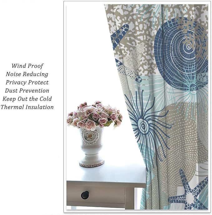 Shell Blackout Curtains Beach Shells Marine Life Water Grass Pattern Printed Curtains Suitable for Living Room Bedroom Privacy Curtains 52x84 Inches