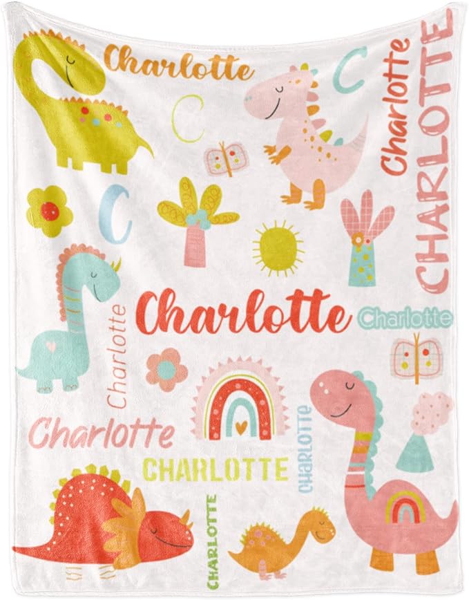 Personalized Dinosaur Blanket with Name for Girl, Custom Name Blanket for Teen, Soft Flannel Pink Dinosaur Toddler Blanket Customized Gift for Birthday 50"x60"