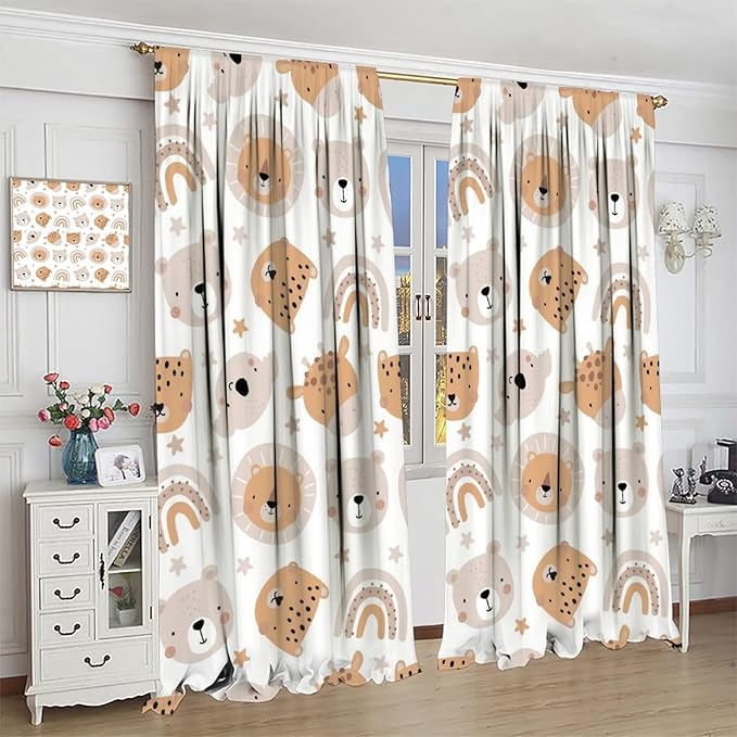 Cartoon Boho Animal Curtains,Funny Forest Safari Print,Cute African Wildlife Koala Giraffe Lion Leopard Bear Rainbow Blackout Window Drapes for Boys Girls Kids Baby Child Bedroom 55x63in
