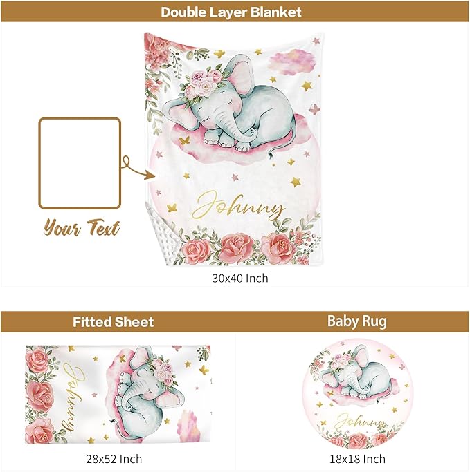 Custom Baby Crib Bedding Set, 3 Pcs Personalized Nursery Bedding Set with Name, Soft Baby Bedding Crib Sets with Blanket - Toddler Crib Sets for Girls Boys, Infant Newborn Gifts, Pink Elephant