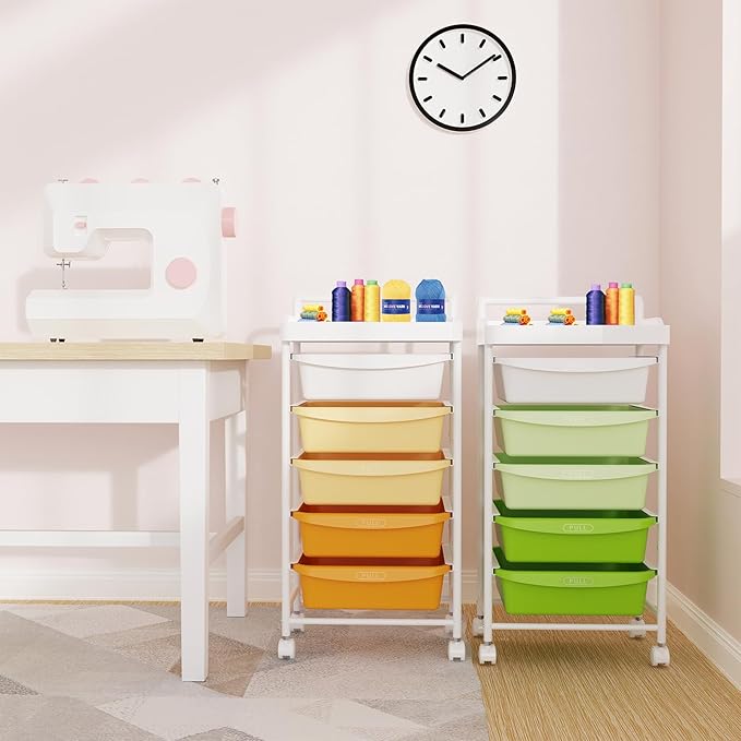 Five Drawer Rolling Cart, Craft Organizers and Storage for Home Office Classroom, Plastic Drawer Storage With Handle, Utility Cart With Removable Drawers for Tools, Toys and craft materials(Orange)
