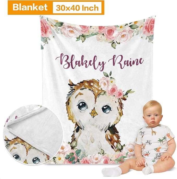 Custom Crib Bedding Set - Owl Design Personalized Name Baby Nursery Bedding 3 Pcs Set - Chic Soft Blanket, Sheet, Pillowcase for Newborns Boys Girls Gifts Color12