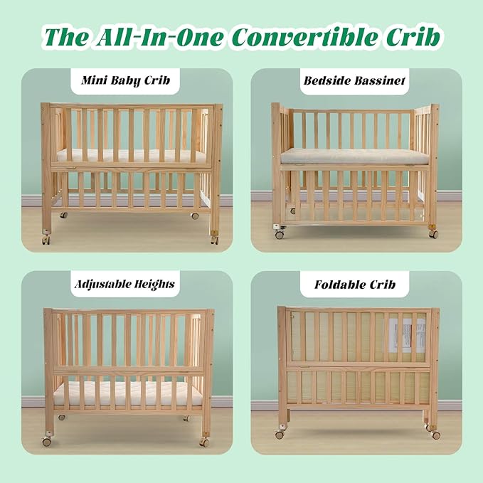 Foldable Mini Baby Crib - Portable 4-in-1 Convertible Baby Cribs,Pine Wood Bedside Bassinet,3 Heights Bassinet Bedside Sleeper with A Sponge Mattress,Wheeled,Unpainted