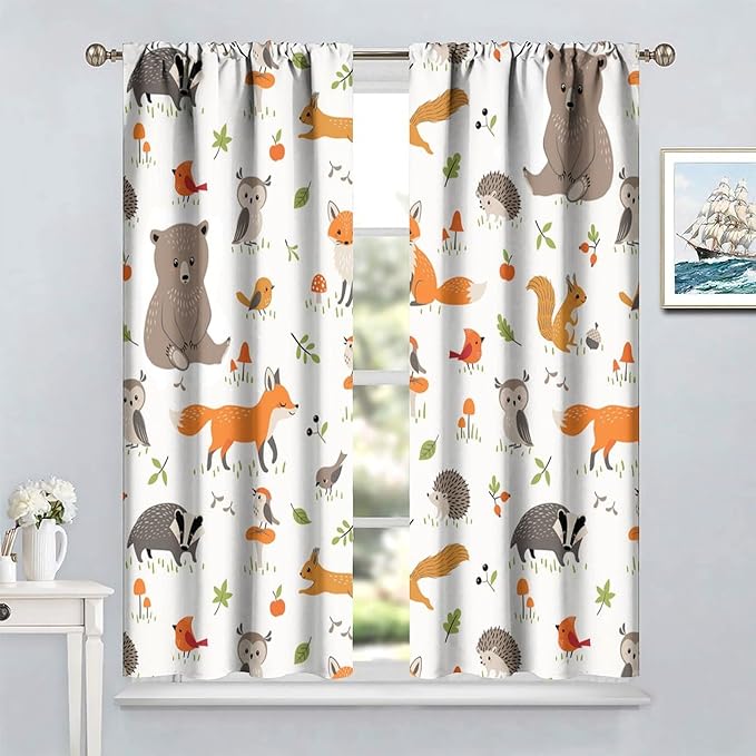 Forest Animal Curtains for Kids, Cartoon Safari Woodland Animals Window Treatments Cute Wild Jungle Bear Fox Deer Bear Window Drapes for Girls Boys Nursery Toddler Bedroom 52x84in
