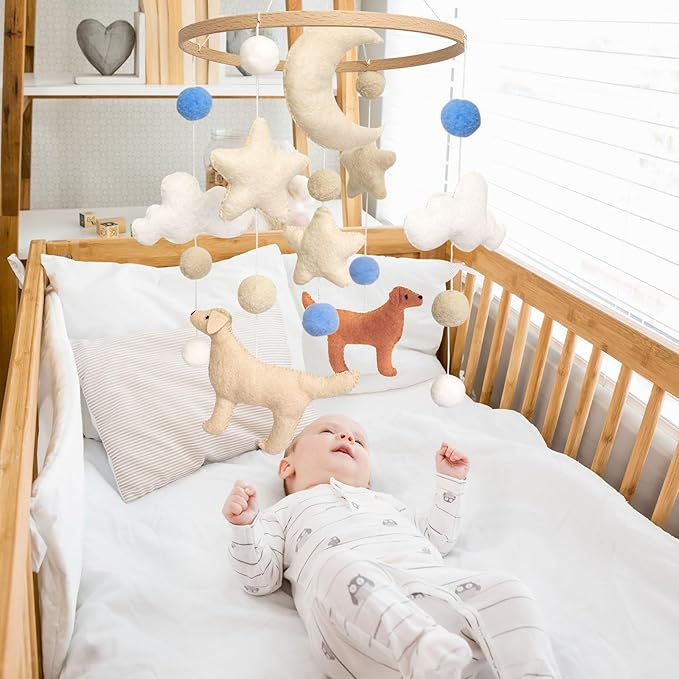 Dog Baby Mobile, Mobile for Crib, Crib Mobile for Boys and Girls, Nursery Mobile for Bassinet, Pack and Play, Dog, Moon, Cloud, Star, Blue Felt Ball
