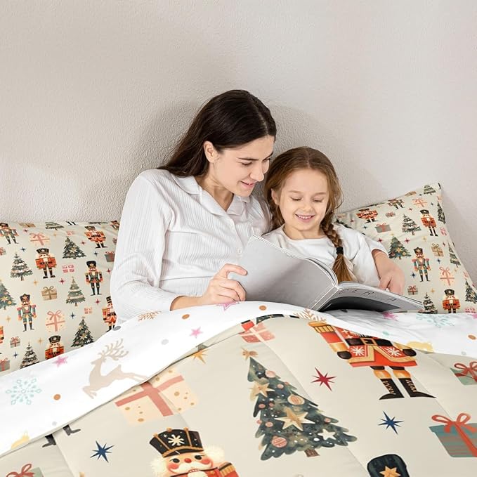 jejeloiu Xmas Nutcracker Comforter Set King Size Christmas Beige Bedding Set for Kids Boys Girls Cute Snowflakes Duvet Quilt Bedroom Decor