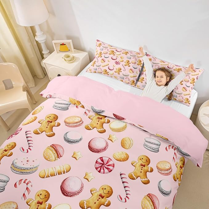 Feelyou Christmas Duvet Cover Twin Size Cute Christmas Gingerbread Man Comforter Cover for Boys Girls Xmas Sweet Macarons Bedding Set 2Pcs Reversible Pink Room Decor