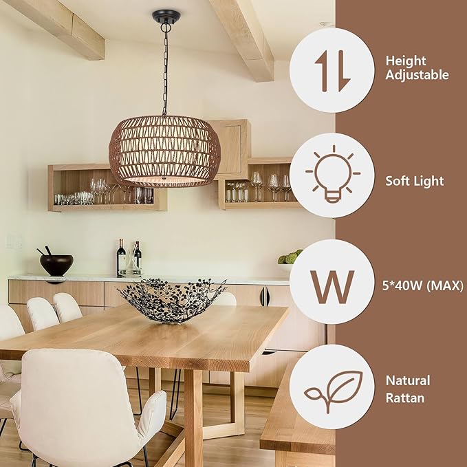 Rattan Farmhouse Chandelier Light Fixtures,5-Lights Boho Large Pendant Light,Woven Chandeliers for Dining Room with Fabric Shade,Rustic Hanging Light Fixtures for Kitchen Island-Dark Brown