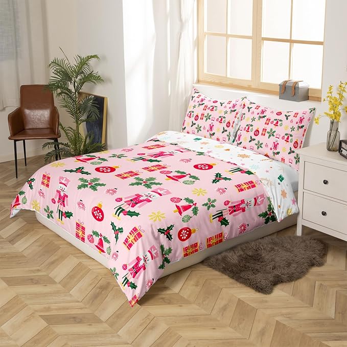 Feelyou Christmas Pink Nutcracker Comforter Cover King Size Cute Royal Guarder Duvet Cover Xmas Snowflake Bedding Set Gifts for Kids Boys Girls Decor 2 Pillow Cases Pink