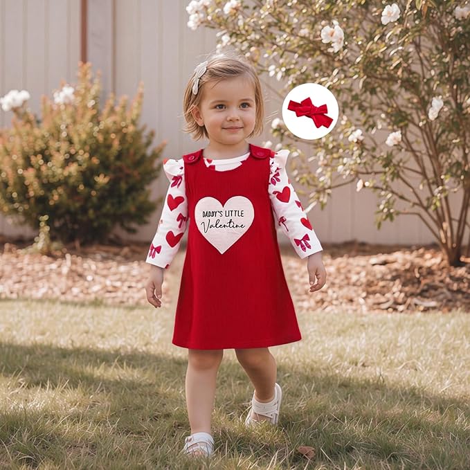 FIOMVA My First Valentines Day Outfit Clothes Baby Girl Romper Love Onesie Heart Embroidery Overalls Suspender Dress Set