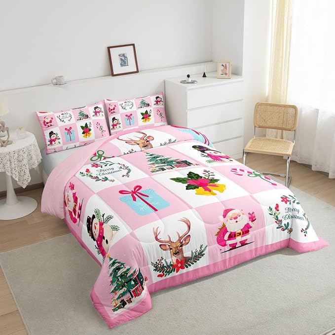 Erosebridal Merry Christmas Comforter Set for Kids Christmas Tree Quilt King Size with 2 Pillow Cases Santa Claus Xmas Decor Bedding Set Kawaii Snowman Bedding Comforter Sets,Pink