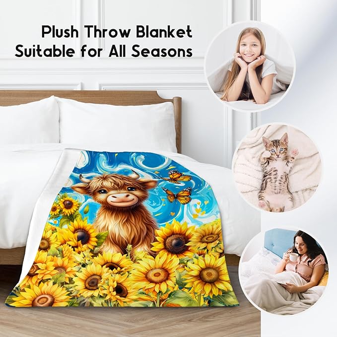 Kids Blanket - Highland Cow Blankets for Toddler - Flannel Soft Sunflower Throws for Room Decor - 30"x40"