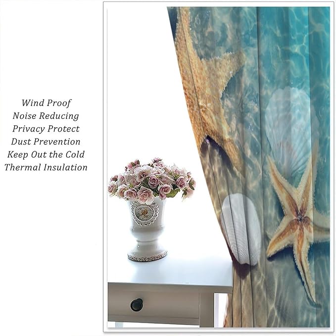 Beach Curtain for Bathroom Decor，Sea Turtle Starfish Seashell Nautical Ocean Coastal Scenery Art Printed Fabric Polyester Waterproof Set 2 Panels,42x54 Inches