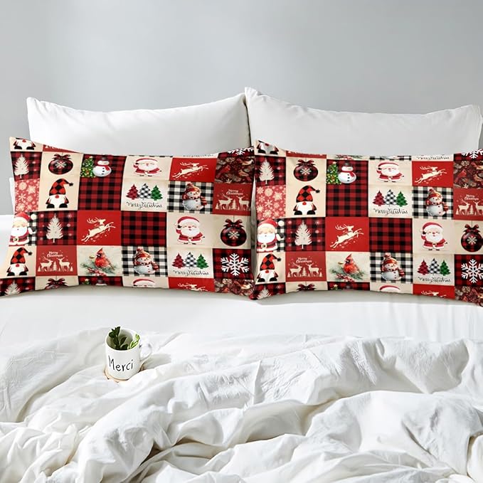 Manfei Christmas Duvet Cover Set King Size, Deer Tree Snowman Santa Claus Print Comforter Cover with 2 Pillowcases, Plaid Grid Print Bedding Set 3pcs for Kids Boys Girls Bedroom Decor,No Comforter