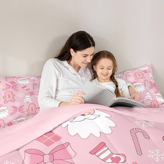 Feelyou Pink Christmas Bedding Set Soft for Boys Girls, Santa Claus Comforter Set King Size Gingerbread Man Duvet Quilt Microfiber Bow Candy Cane Bedroom Decor 3 Pcs with 2 Pillow Cases