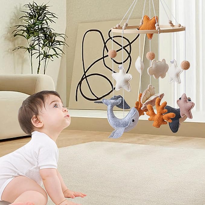 Handmade Crib Mobile - 240g Felt Animal | Soothing Nursery Decor | Gender Neutral Hanging Whale Clouds Room Decoration Christmas Birthday Gift