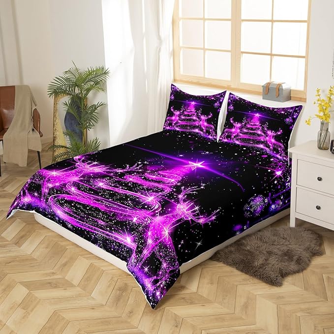 Manfei Christmas Tree Duvet Cover Set Full Size Purple Twinkling Deer Comforter Cover Western New Year Bedding Set 3pcs for Kids Boys Girls Christmas Theme Quilt Cover with 2 Pillowcases,No Comforter