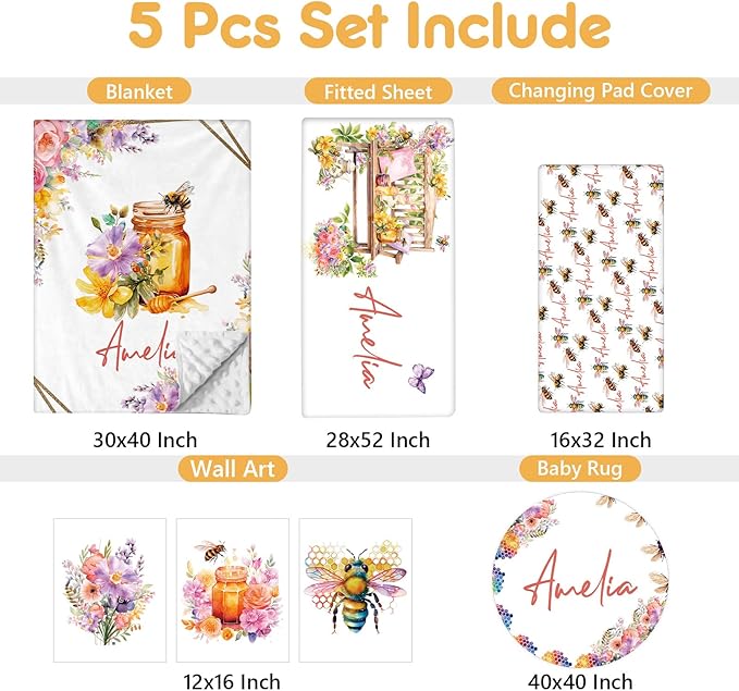 Custom Baby Crib Bedding Set, 5 Pcs Personalized Name Baby Crib Sets for Infant Toddler, Yellow Bee Nursery Bedding Set for Boy Girl, Double Layer Flannel Baby Bedding Sets Customized Gifts
