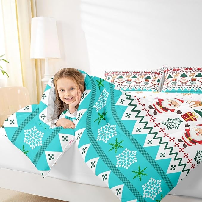 Feelyou Merry Christmas Bedding Set Soft for Boys Girls, Santa Claus Comforter Set Toddler Size Cute Deer Duvet Quilt Microfiber Snowflake Bedroom Decor 2 Pcs with 1 Pillow Cases