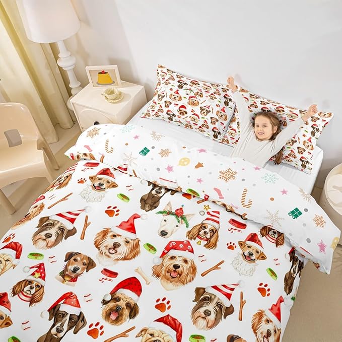 Christmas Kids Bedding Set Cartoon Puppy Dogs Xmas Theme Bedding Duvet Cover Set for Boys Girls New Year Decor Comforter Cover Set Animal Pattern Bedspread Cover Bedroom Quilt Cover 3Pcs King Size