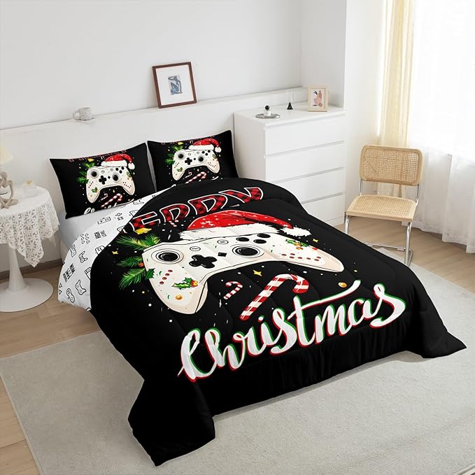 Gamepad Xmas Theme Comforter Set Twin Size,Santa Claus Video Games Bedding Set for Kids Boys Girls Room Decor,Merry Christmas Quilt Set 2Pcs,Gaming Controller Black Duvet Insert,1 Pillowcase