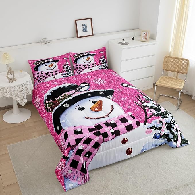 Feelyou Kids Christmas Theme Decorations Bedding Set Xmas Snowman Comforter Set for Boys Girls Snowflake Kawaii Cute Hot Red Bedroom Collection Queen Size