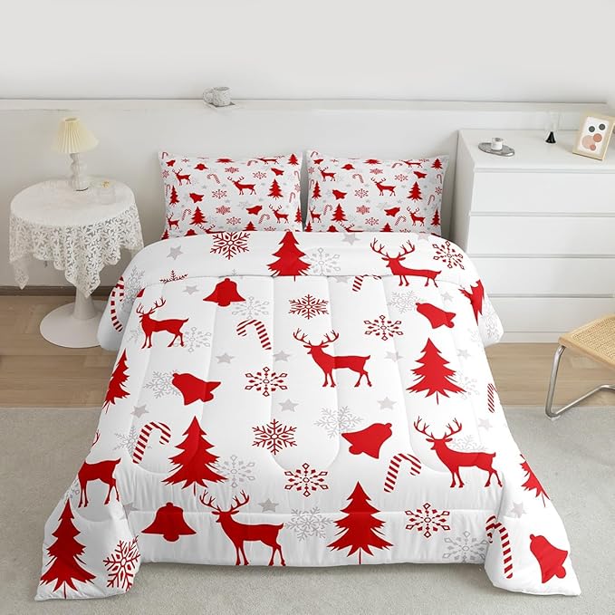 Feelyou Merry Christmas Bedding Set Soft for Boys Girls, Xmas Tree Reindeer Comforter Set Twin Size Candy Cane Bell Duvet Quilt Microfiber Snowflake Bedroom Decor 2 Pcs with 1 Pillow Cases