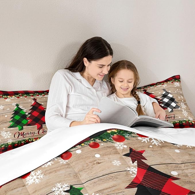 Manfei Plaid Tree Comforter Set Full Size, Wooden Stripe Print Bedding Set 3pcs for Kids Boys Girls Bedroom Decor, Christmas Theme New Year Quilt Set with 2 Pillowcases