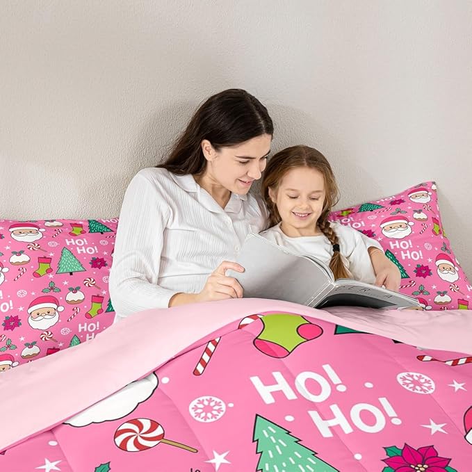 Feelyou Pink Merry Christmas Comforter Set All Season Santa Claus Bedding Set with 2 Pillow Cases Xmas Microfiber Kids Queen Bedclothes Happy New Year Bedroom Decor Duvet Quilt Soft Lightweight