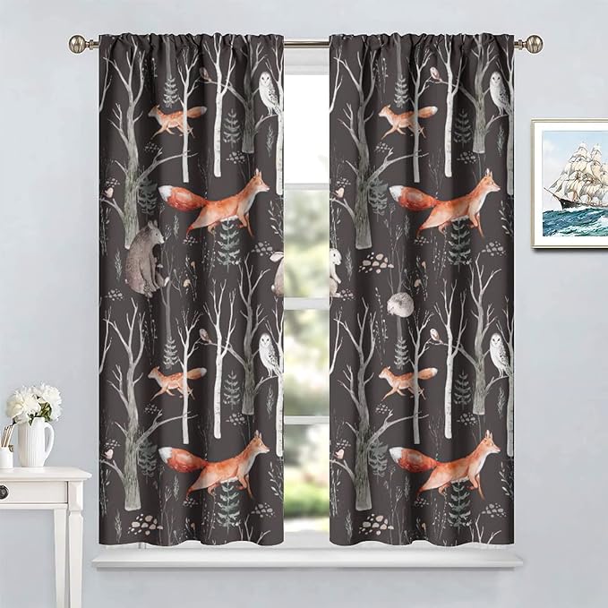 Rustic Forest Curtain, Woodland Country Hunting Animal Deer Fox Wildlife Bear Farmhouse Lodge Cabin Blackout Rod Pocket Windows Door Curtain for Bedroom Living Room Home Decor 63x63in