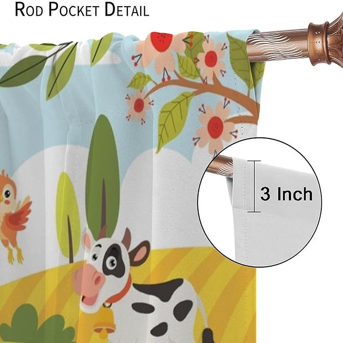 Farmhouse Curtains, Farm Scene Cartoon Animals Pattern Blackout Window Treatments, Rod Pocket Thermal Insulated Drapes 2 Panel Sets for Children Boys Bedroom Nursery Classroom, 72" W X 63" L