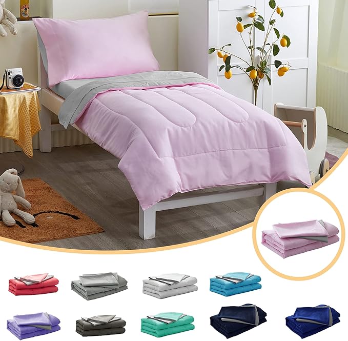 UOZZI BEDDING 4 Pieces Toddler Bedding Set Ultra Soft and Breathable Toddler Sheet Set - Includes Comforter, Flat Sheet, Fitted Sheet and Pillowcase - Pink & Gray