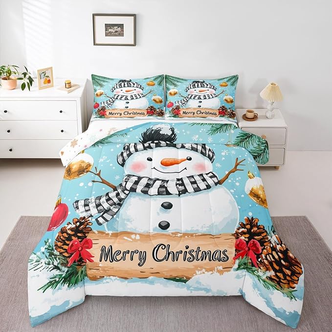 Feelyou Merry Christmas Comforter Set Twin Size Cute Snowman Bedding Set for Kids Boys Girls Snowflake Duvet Quilt Winter Bedroom Decor Microfiber 2 Pcs with 1 Pillow Cases