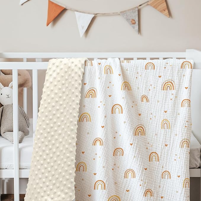 Rainbow Baby Blankets for Girls, Soft Nursery Minky Blankets with Muslin and Dotted Fleece Back 30x40 inches, Receiving Bed Quilt for Newborn, Infants, Toddlers