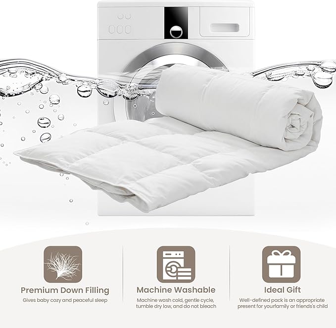 Toddler Goose Down Comforter Lightweight Summer Cooling Baby Duvet Insert, Hypoallergenic 100% Organic Cotton Crib Quilted Washable Nursery Blanket with Corner Tabs, White 33x43 Inches