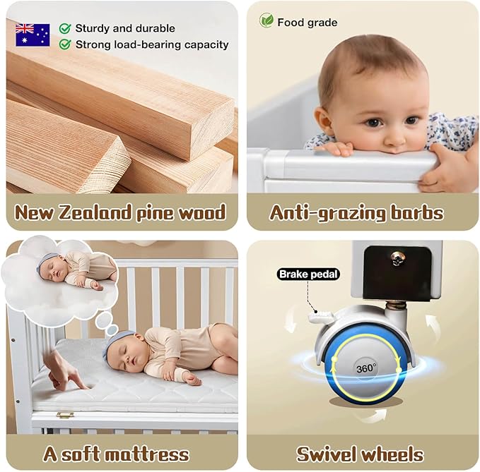 Portable Mini Baby Crib - Pine Wood Foldable 4-in-1 Baby Crib with Mattress,Portable Bedside Bassinet Sleeper,3 Adjustable-Height Baby Cribs for 0-18 Months,White