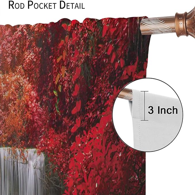 Red Forest Waterfall Blackout Windows Curtains, Tree Landscape Woodland Scenic Nature Fall Scenery Art Printed Curtains, for Living Room Bedroom 52x84in 2 Panels